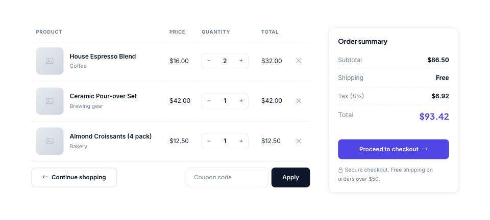 Example of the cart section